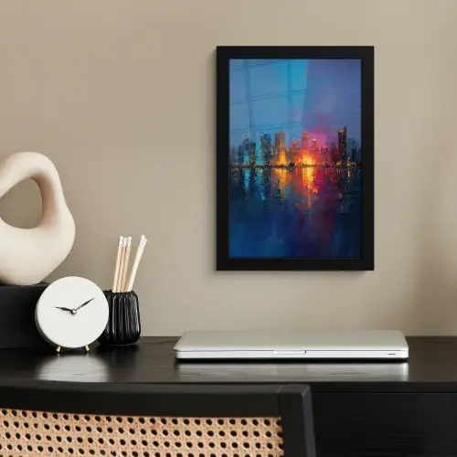 Skyline - Penseelstreken - Donkerblauw - Lichtgevend fotolijst zwart zonder passe partout klein -sfeer1