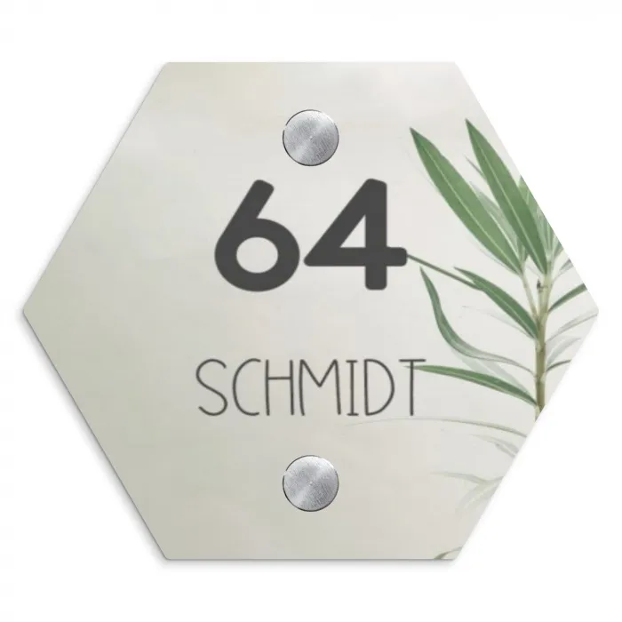 Lichtbeige met plant - Modern Naambord Hexagon klein -3d