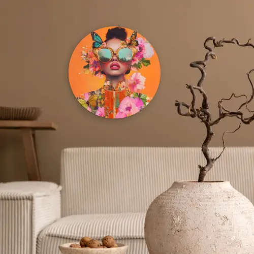Vlinders - Vrouw - Zonnebril - Kleurrijk Wandcirkel kunststof plaat 5mm dik klein -sfeer1