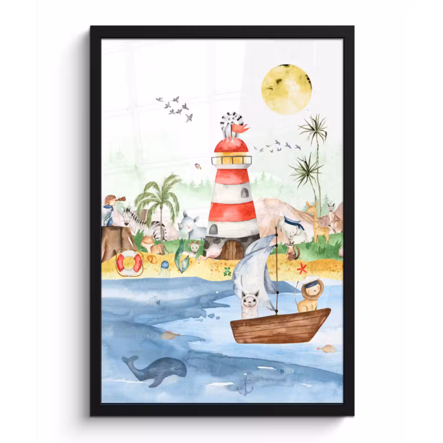 Poster met lijst - Strand - Dieren - Kinderen - Vuurtoren - Jongens