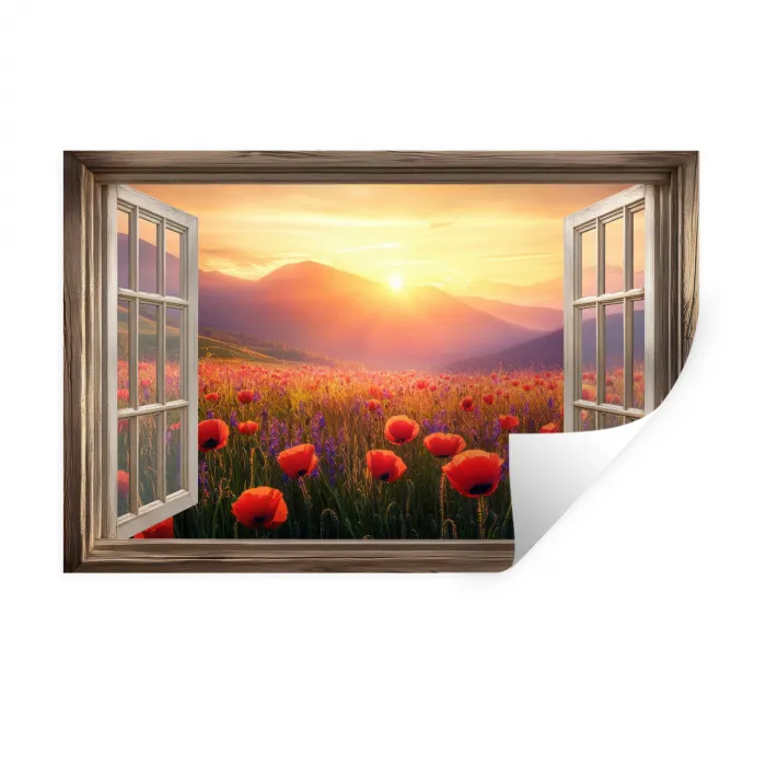 Doorkijk - Klaprozen - Bloemen - Rood - Open raam Muursticker klein -3d