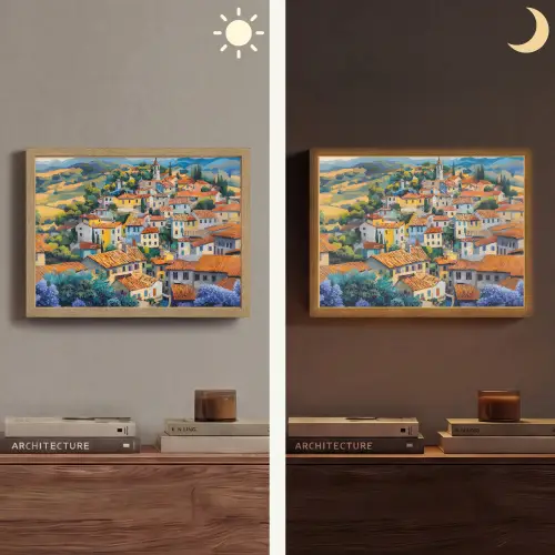 Dorp - Heuvels - Landschap - Bomen Light Box met batterij (Wandlamp) middel -sfeer3