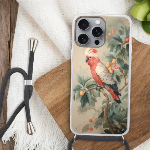 Roze kuifkaketoe - Tak met vruchten - Bladeren Hoesje iPhone 16 Pro Max met koord klein -sfeer4