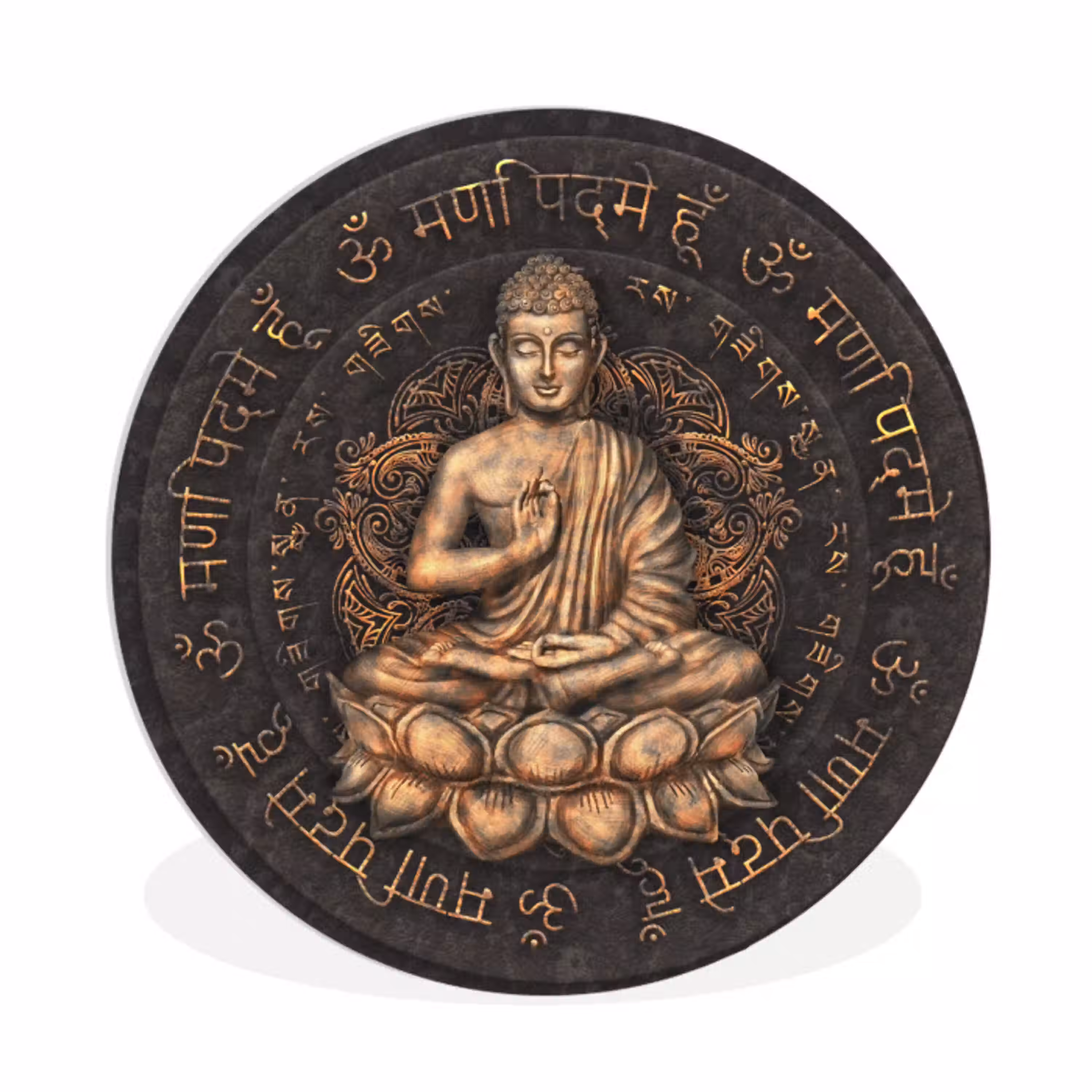 Boeddha - Mantra - Meditatie - Spiritueel - Koper Wandcirkel kunststof plaat 5mm dik klein -3d