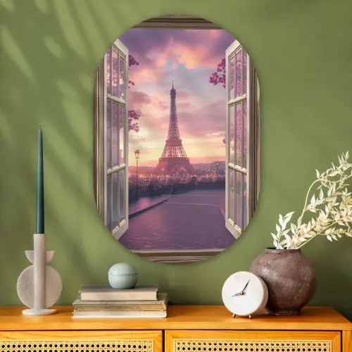 Doorkijk - Parijs - Eiffeltoren - Roze - Kersenbloesem Wandcirkel Ovaal Glas middel -sfeer2