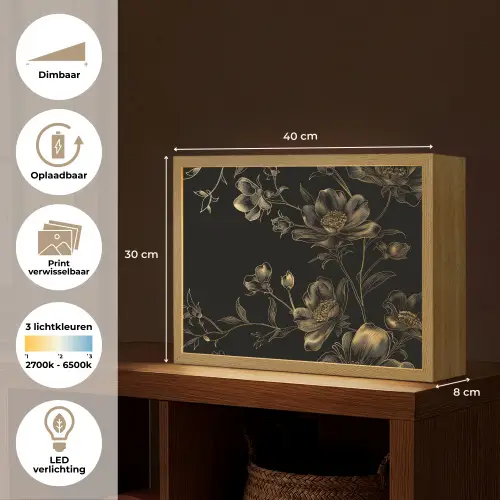 Bloemen - Zwart - Goud - Line art Light Box met batterij (Wandlamp) middel -USP_websiteoverzichtNL
