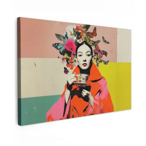 Retro - Vrouw - Kopje - Vlinders canvas 2cm klein -z3d