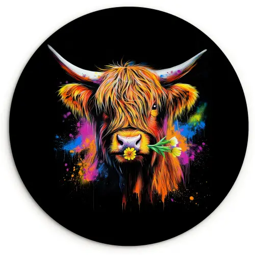 Schotse Hooglander - Graffiti - Kleurrijk - Bloem - Dieren Wandcirkel kunststof plaat 5mm dik klein -3d