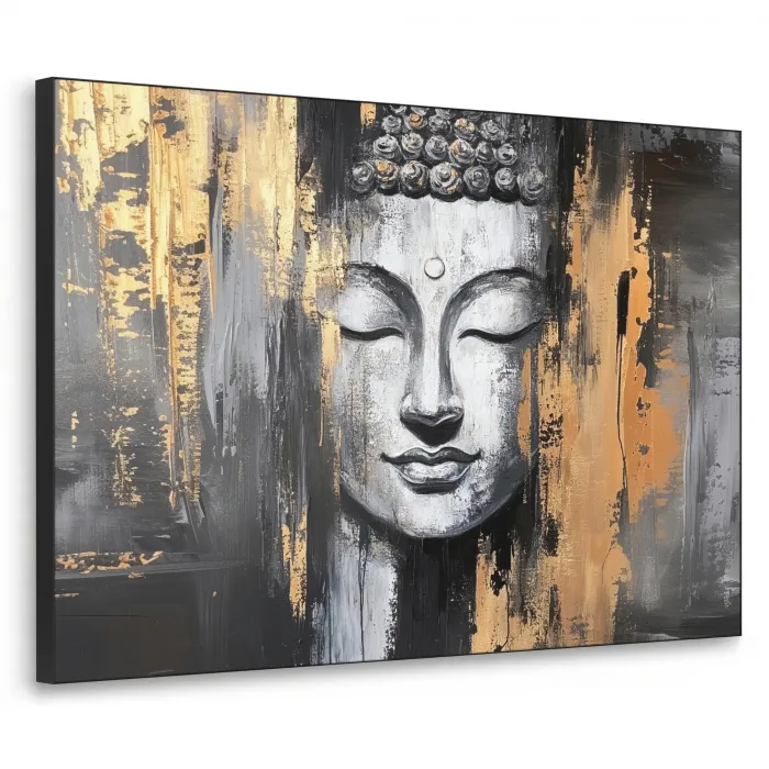 Boedhha - Penseelstreken - Goud - Abstract Textielframe - compleet frame klein -3d