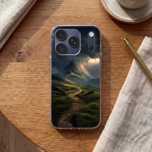 Bergen - Kronkelpad - Groen - Wolken Telefoonhoesje iPhone 17 Pro klein -sfeer1