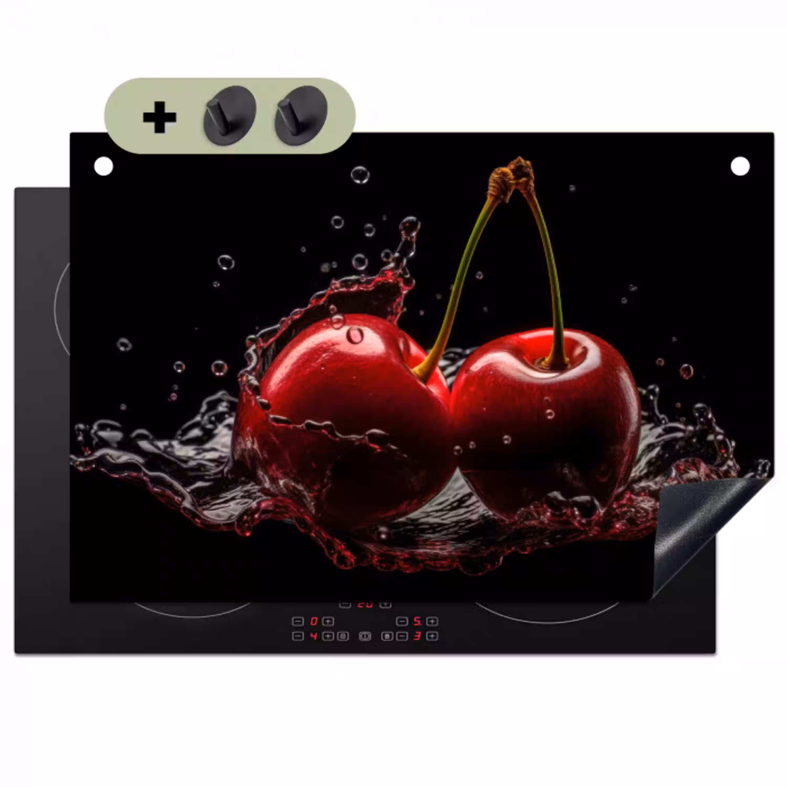 Kersen - Rood - Fruit - Water - Zwart Inductie beschemer met haakjes klein -3d