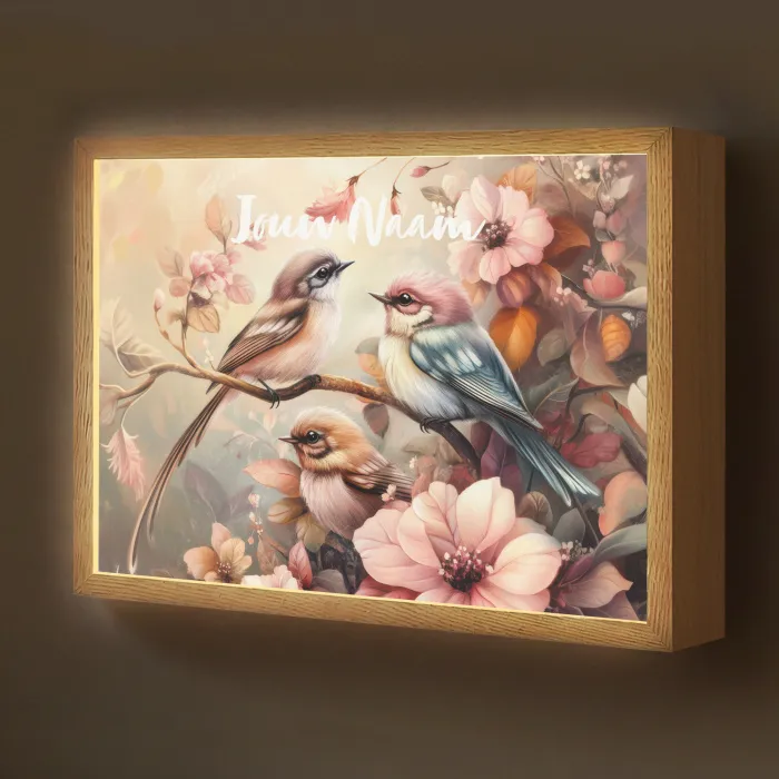 Vogels - Bloemen - Roze - Pastel Light Box met batterij (Wandlamp kind) middel -z3d_website