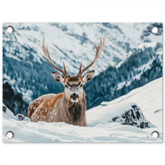 Hert - Landschap - Winter - Natuur - Dieren - Bergen tuinposter los doek klein -3d