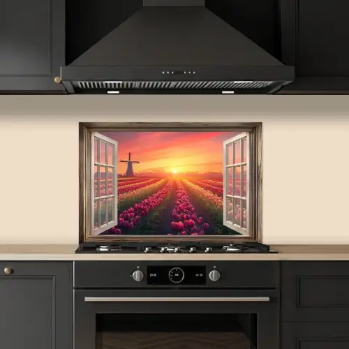 Doorkijk - Tulpen - Zonsondergang - Bloemen - Kleurrijk keuken achterwand spatscherm klein -sfeer1