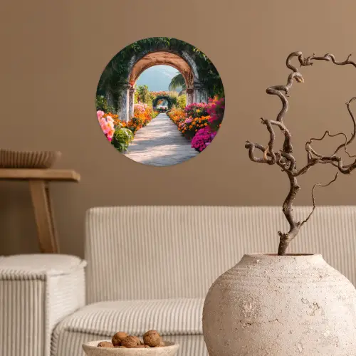 Doorkijk - Bloemen - Tropisch - Kleurrijk Wandcirkel behangsticker klein -sfeer1