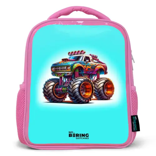 Monstertruck op Lichtblauwe Achtergrond Kinderrugzak - Roze middel -3d