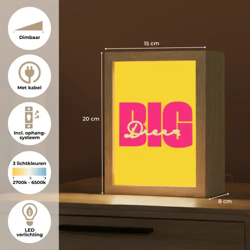 Dream big - Geel - Roze Light Box met kabel (Tafellamp) klein -USP_NL