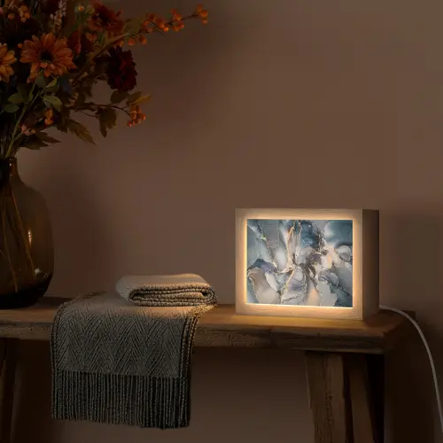 Marmer - Grijs - Blauw - Luxe - Goud Light Box met kabel (Tafellamp) klein -sfeer4