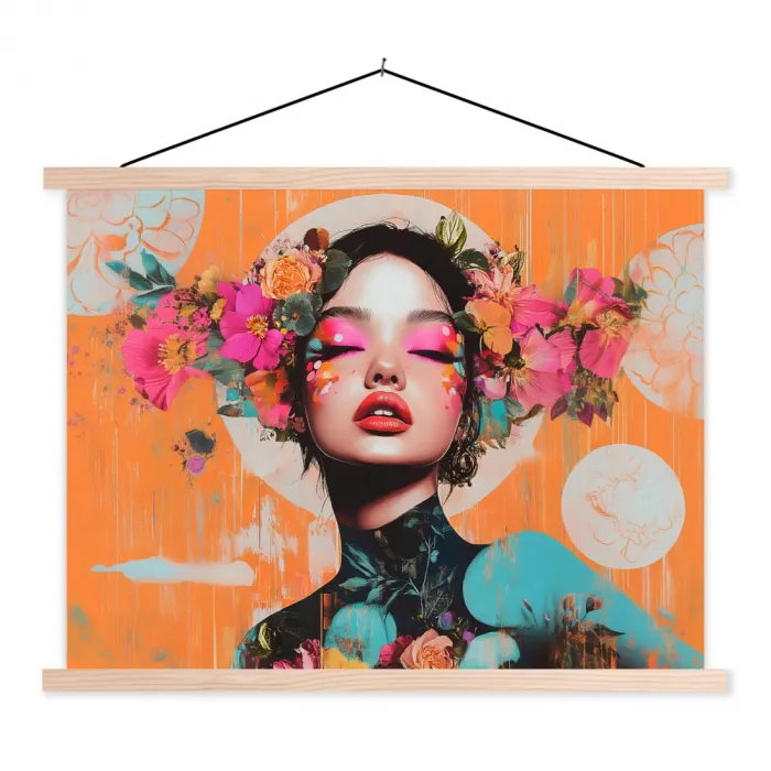 Portret - Vrouw - Abstract - Bloemen textielposter latten blank klein -3d