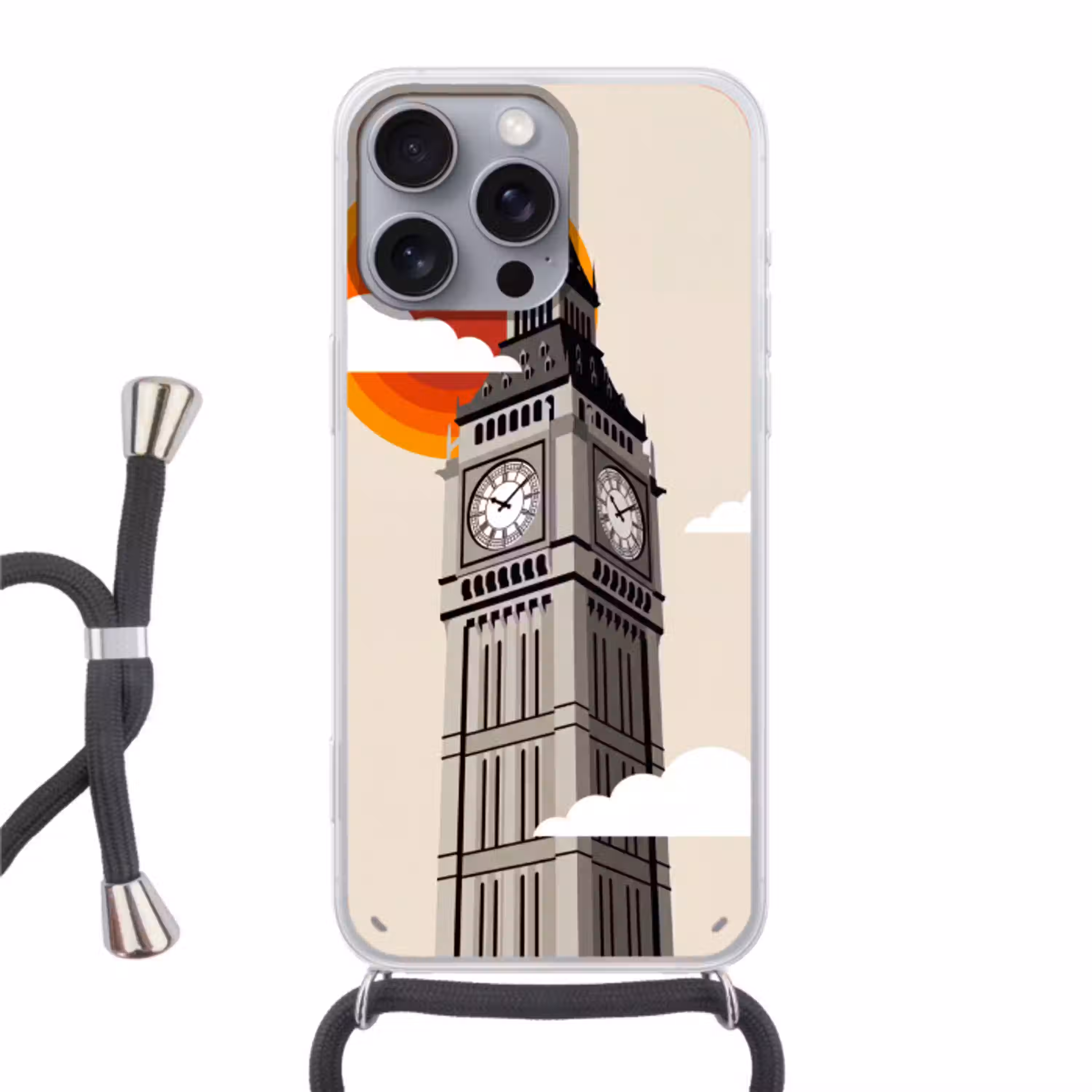 Toren - Klok - Londen - Architectuur - Retro Hoesje iPhone 16 Pro Max met koord klein -3d
