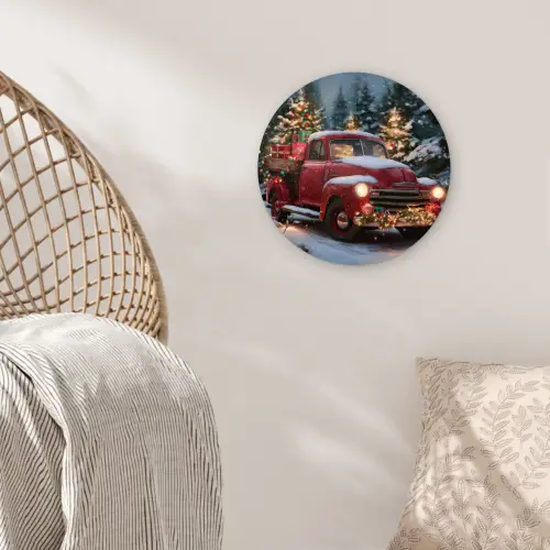 Kersttruck - Sneeuwbos - Rood Wandcirkel kunststof plaat 5mm dik klein -sfeer5