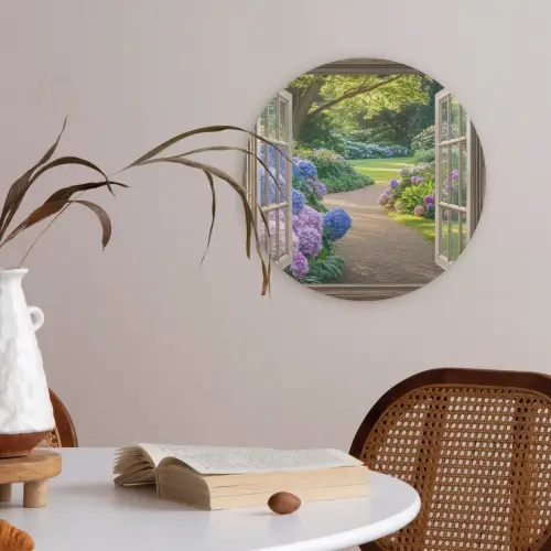 Doorkijk - Tuin - Raam - Hortensia - Bloemen Akoestische PET Vilt - Rond klein -sfeer3