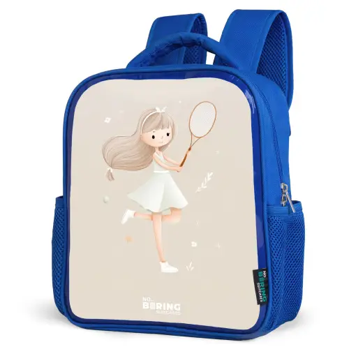 Meisje speelt tennis in beige kleuren Kinderrugzak - Blauw middel -schuin