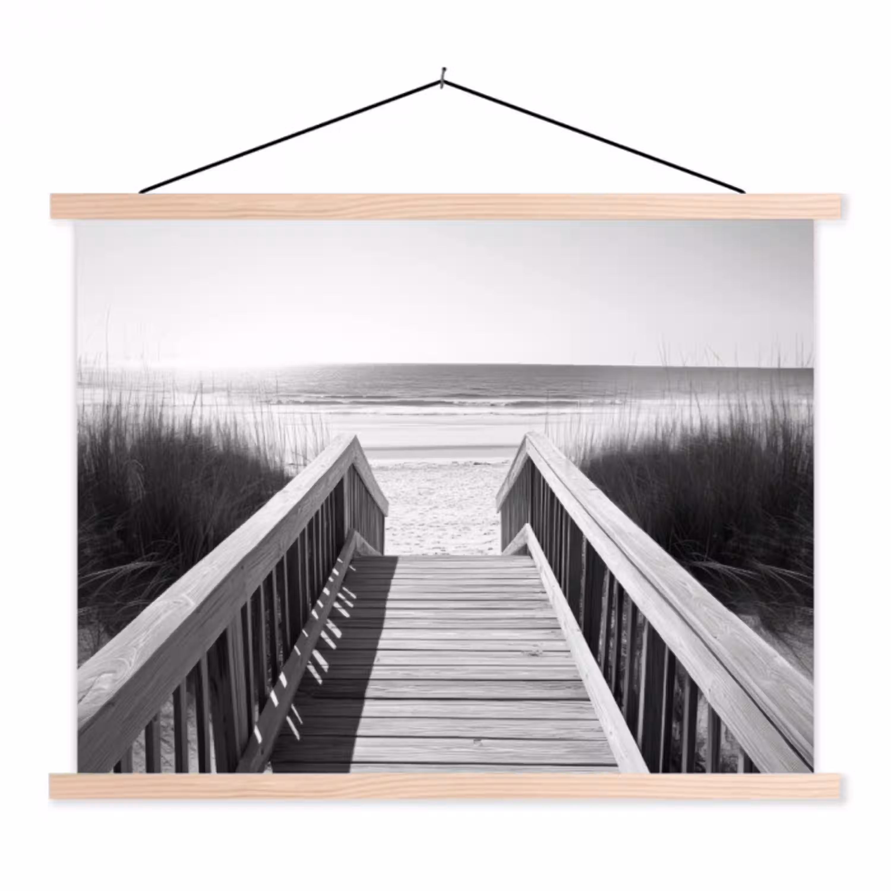 Loopbrug - Hout - Strand - Zee textielposter latten blank klein -3d