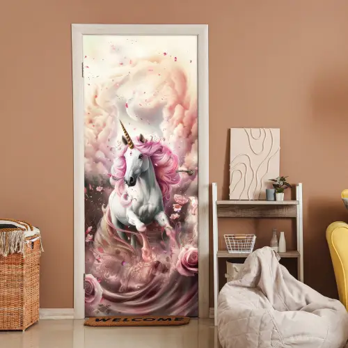 Eenhoorn - Meisje - Roze - Bloemen - Sprookje deurposter klein -sfeer1