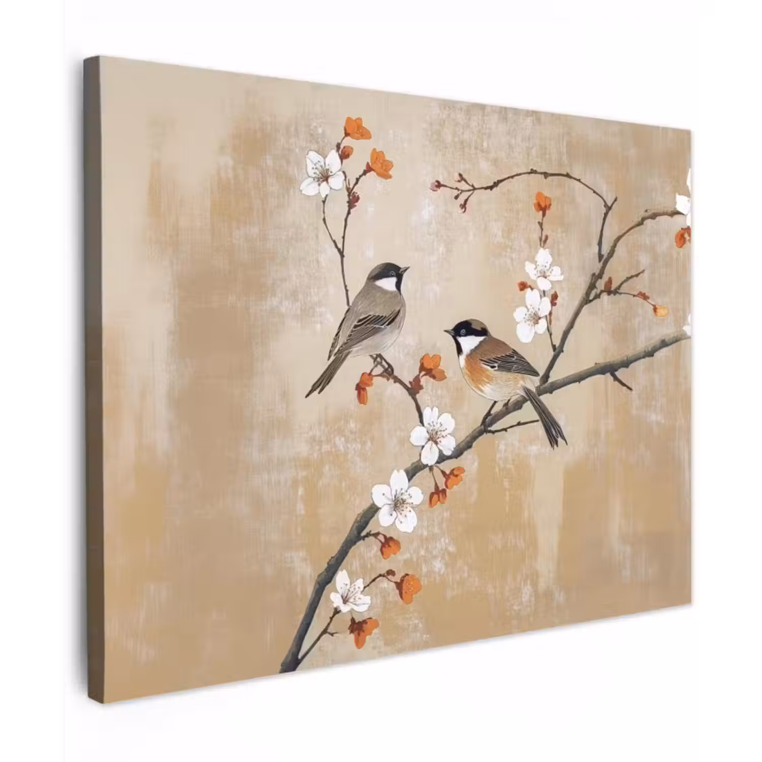 Canvas schilderij - Vogels - Bloesemtak - Bloemen - Oranje