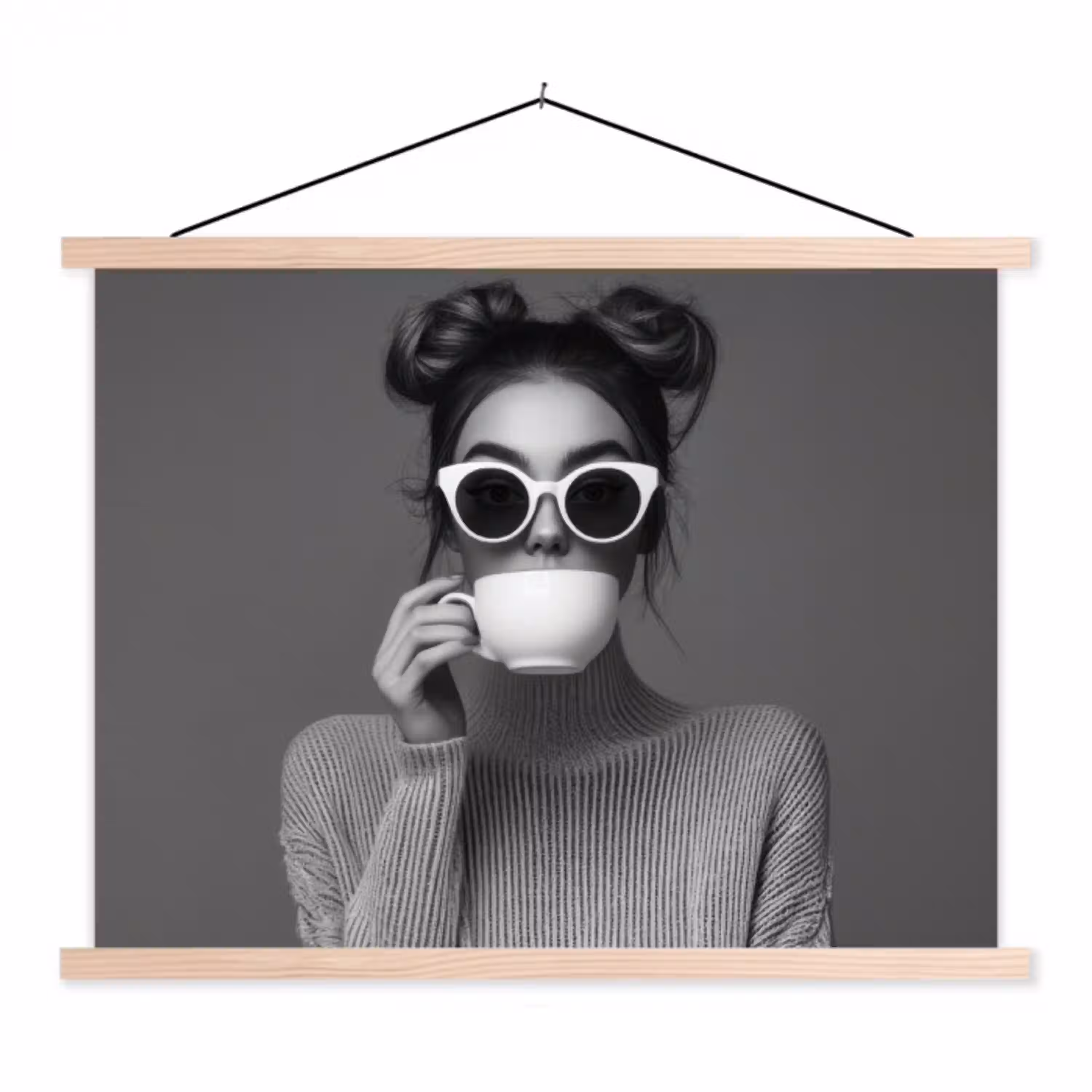 Vrouw - Koffie - Zwart - Wit textielposter latten blank klein -3d