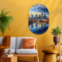 Zonsondergang Frankfurt - Stad - Skyline - Water Wandcirkel Ovaal Glas middel -sfeer4