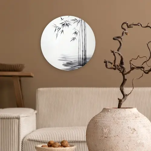 Bamboestammen - Water - Minimalistisch - Wit Wandcirkel plexiglas klein -sfeer1