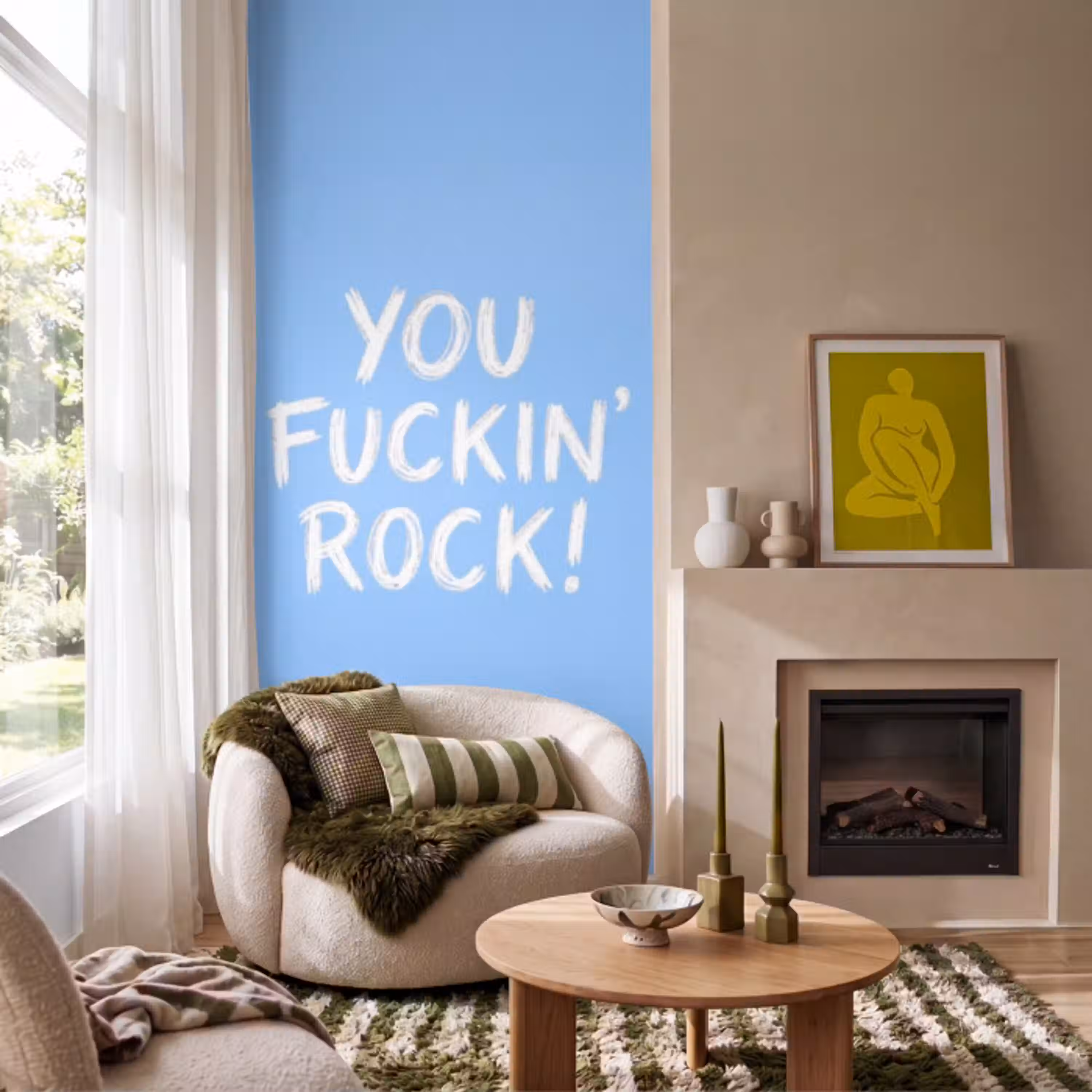 Blauw - Wit - You fuckin rock Behang Vlies klein -sfeer2