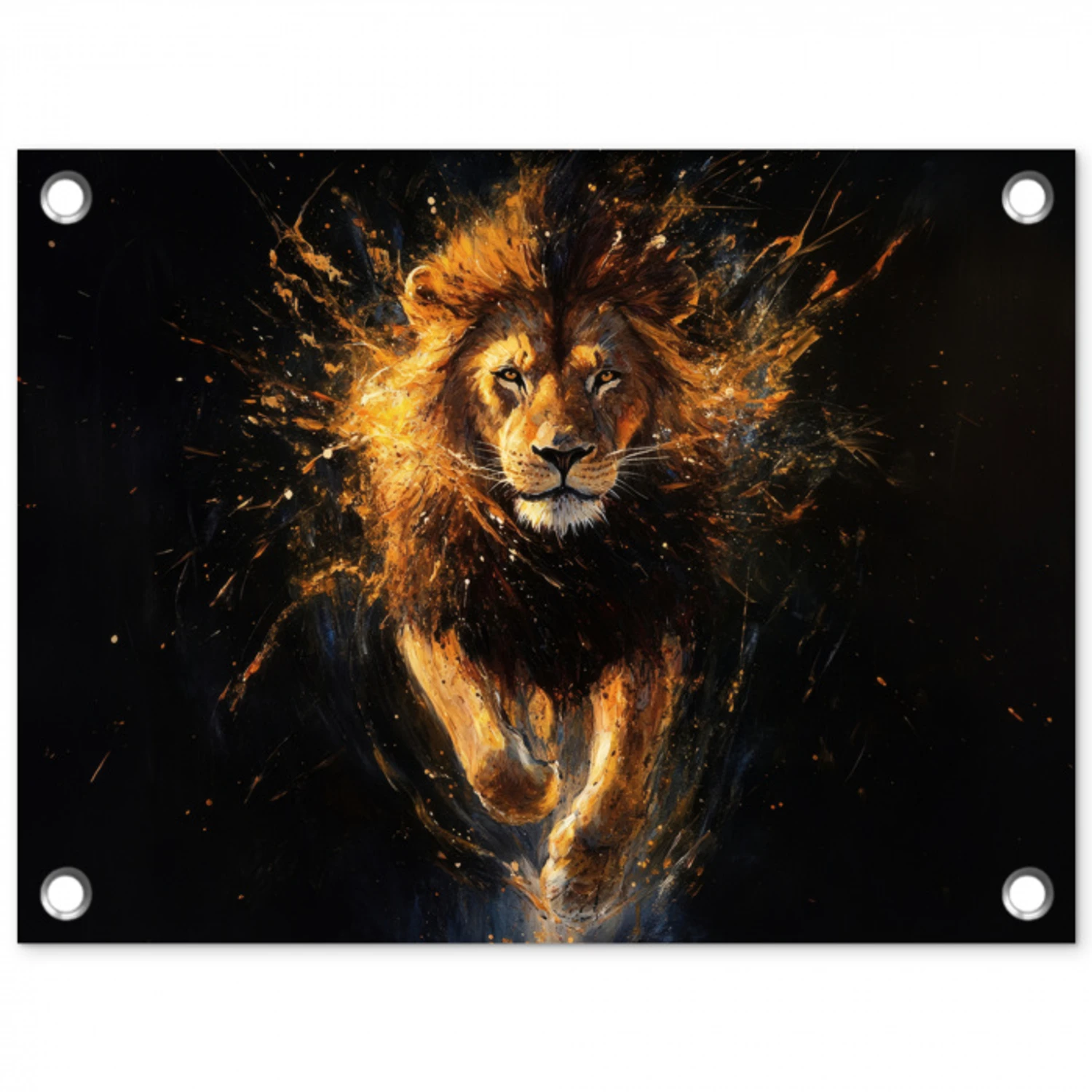 Leeuw - Zwart - Oranje - Verf tuinposter los doek klein -3d