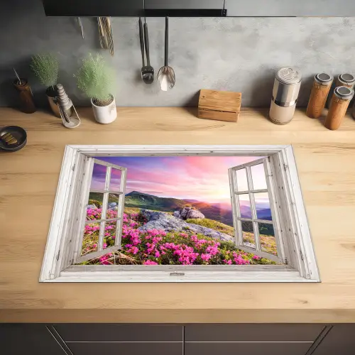 Bergen - Landschap - Doorkijk - Bloemen - Avond - Roze Inductie beschermer vinyl 3mm middel -sfeer5