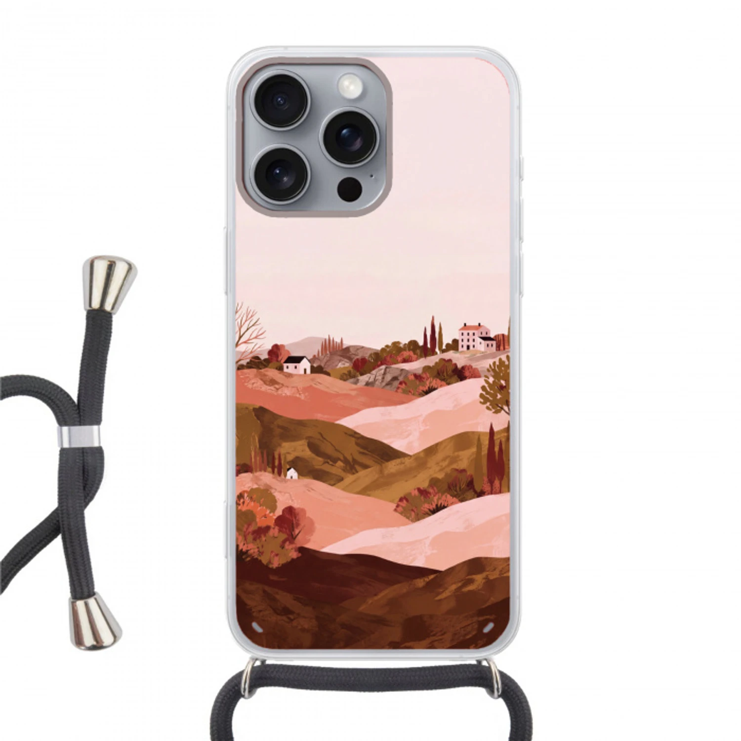 Heuvellandschap - Grafisch - Terracotta Hoesje iPhone 16 Pro Max met koord klein -3d