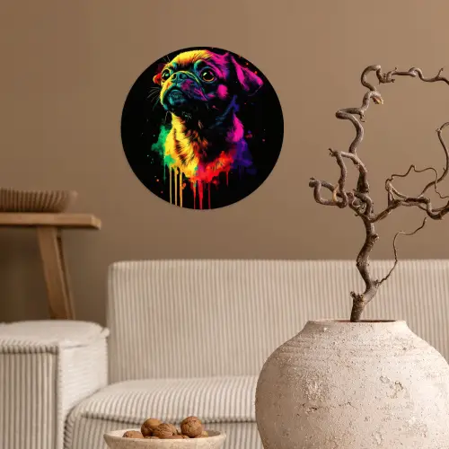 Puck - Hond - Verf - Kleuren Wandcirkel behangsticker klein -sfeer1