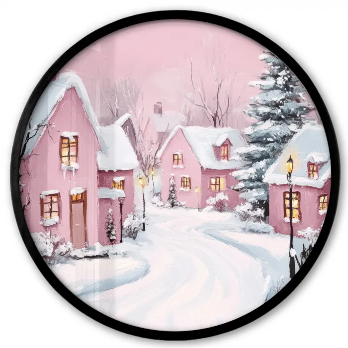Kerstdorp - Roze - Winter - Sneeuw - Huizen Fotolijst rond zonder passe partout klein -3d