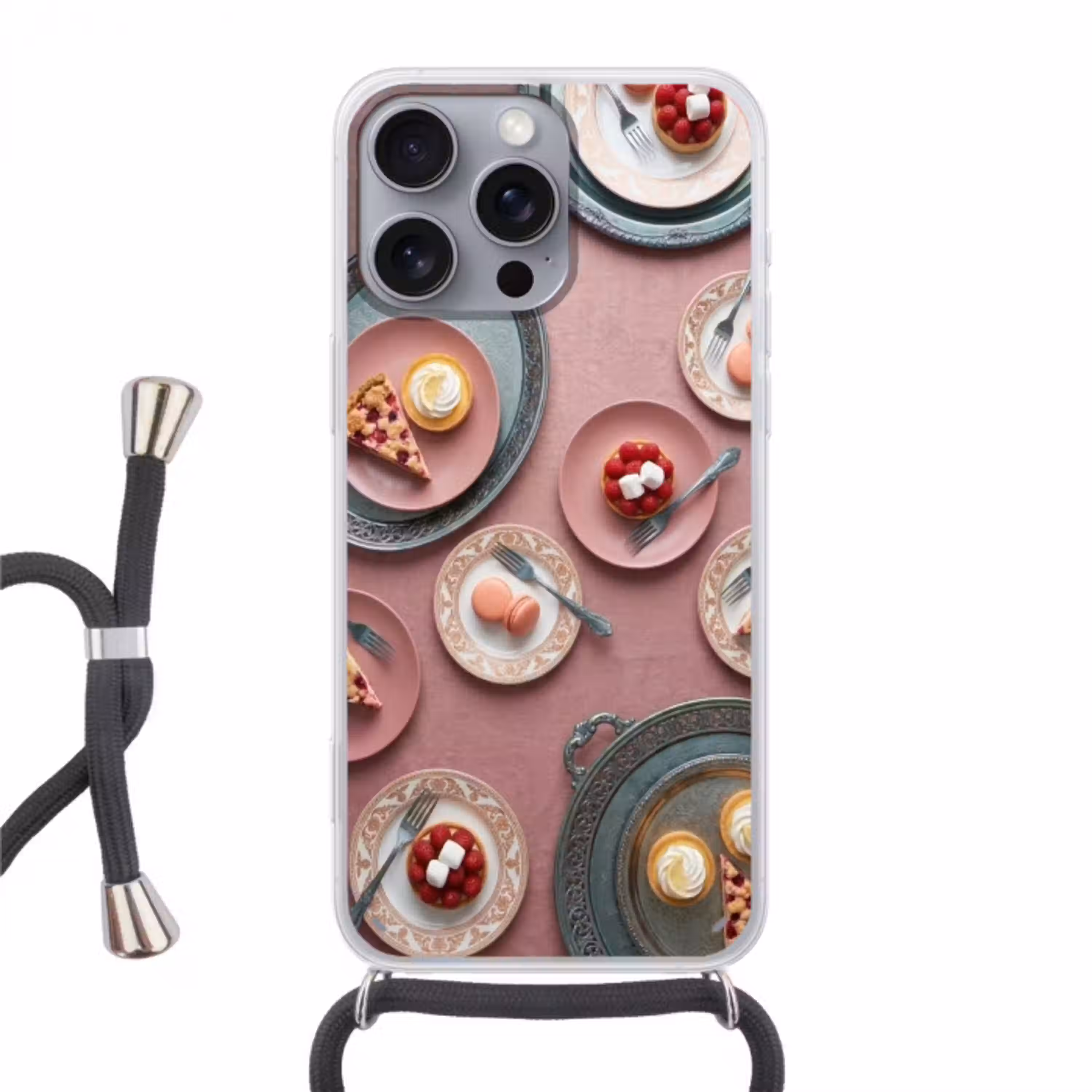 Dessert - Taart - Gebak - Zoet - Roze Hoesje iPhone 16 Pro Max met koord klein -3d