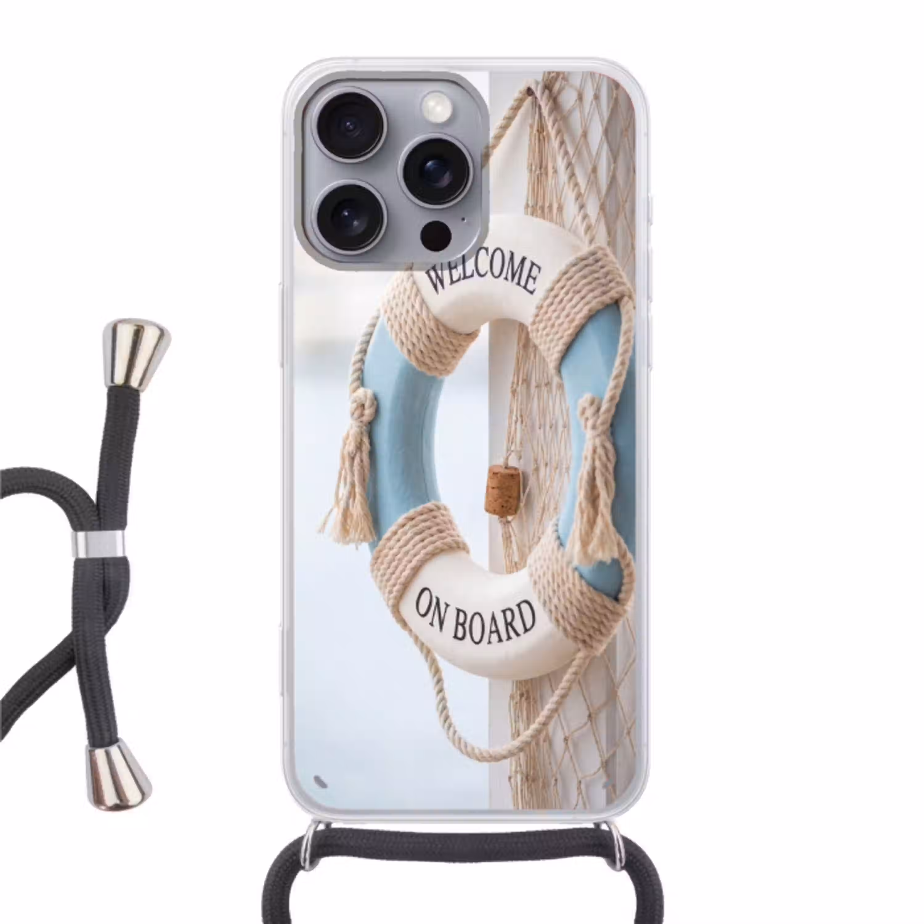 Reddingsboei - Maritiem - Welkom - Blauw - Wit Hoesje iPhone 16 Pro Max met koord klein -3d