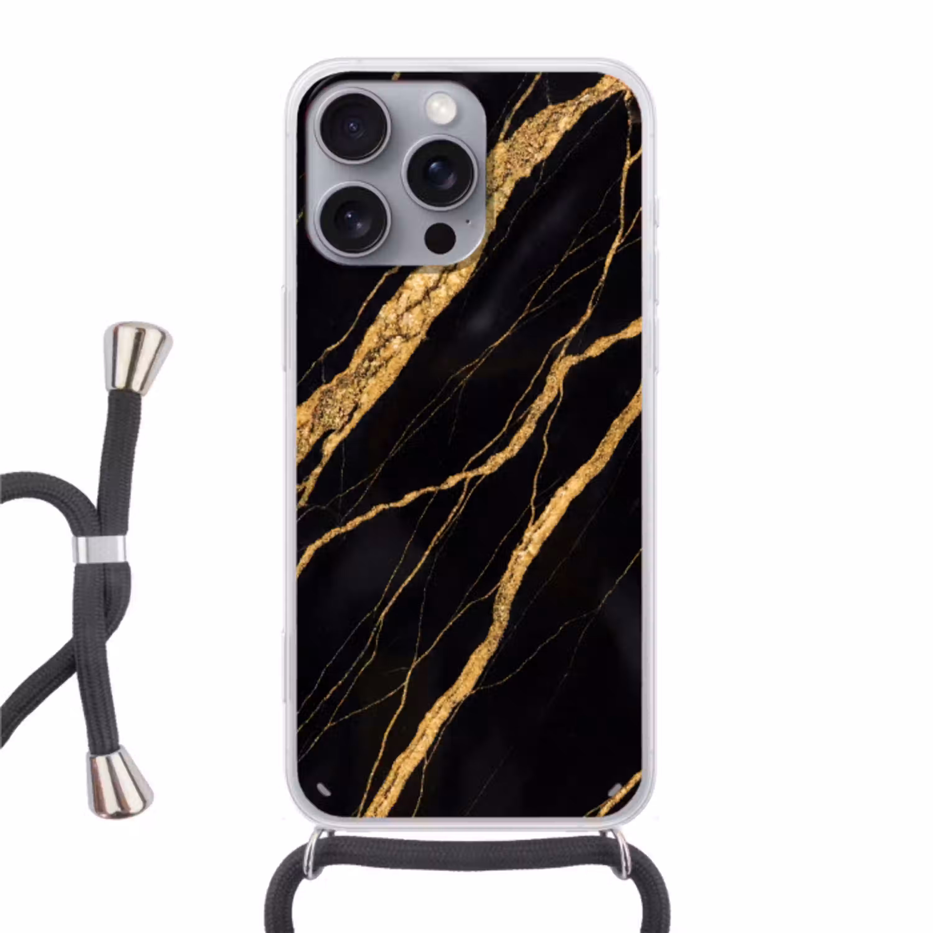 Marmer - Goud - Textuur - Abstract - Zwart Hoesje iPhone 16 Pro Max met koord klein -3d