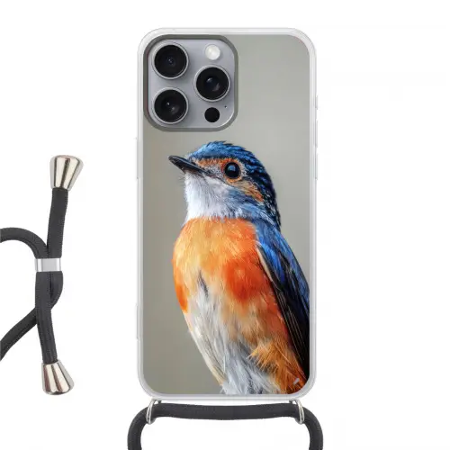 Kleurrijk - Vogeltje - Veren - Blauw Hoesje iPhone 16 Pro Max met koord klein -3d