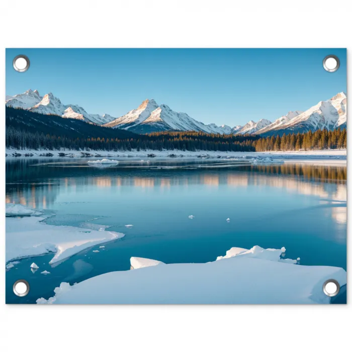 Landschap - Winter - Meer - Bergen - Uitzicht - IJs tuinposter los doek klein -3d
