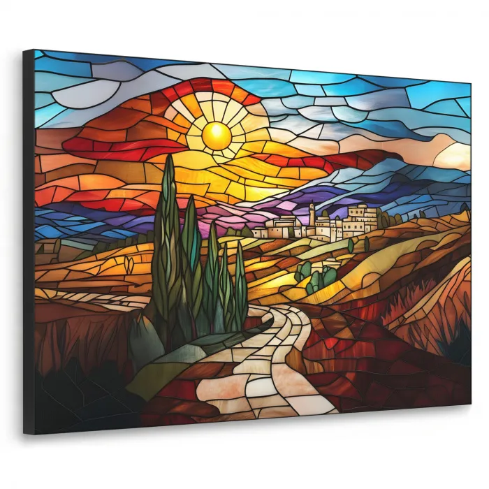 Mozaïek - Zon - Landschap - Dorp Textielframe zwart klein -3d