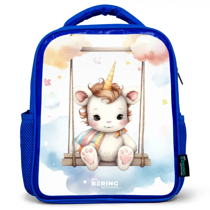 Schommelende baby eenhoorn Kinderrugzak - Blauw middel -3d