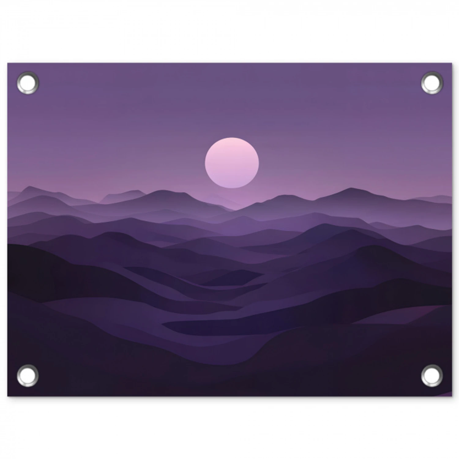 Heuvels - Paars - Mist - Zon tuinposter los doek klein -3d