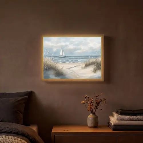 Zee - Zeilboot - Strand - Duinen - Vintage Light Box met batterij (Wandlamp) middel -sfeer4