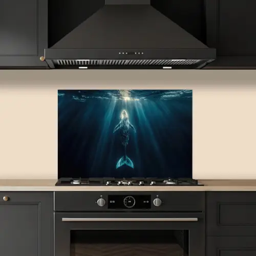 Walvis - Water - Zonnestralen - Blauw keuken achterwand spatscherm klein -sfeer1