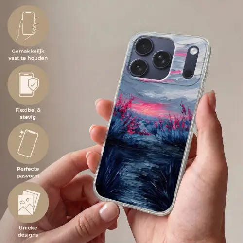 Schilderij - Zonsondergang - Bloemen - Rivier Telefoonhoesje iPhone 17 Pro klein -sfeer3_NL
